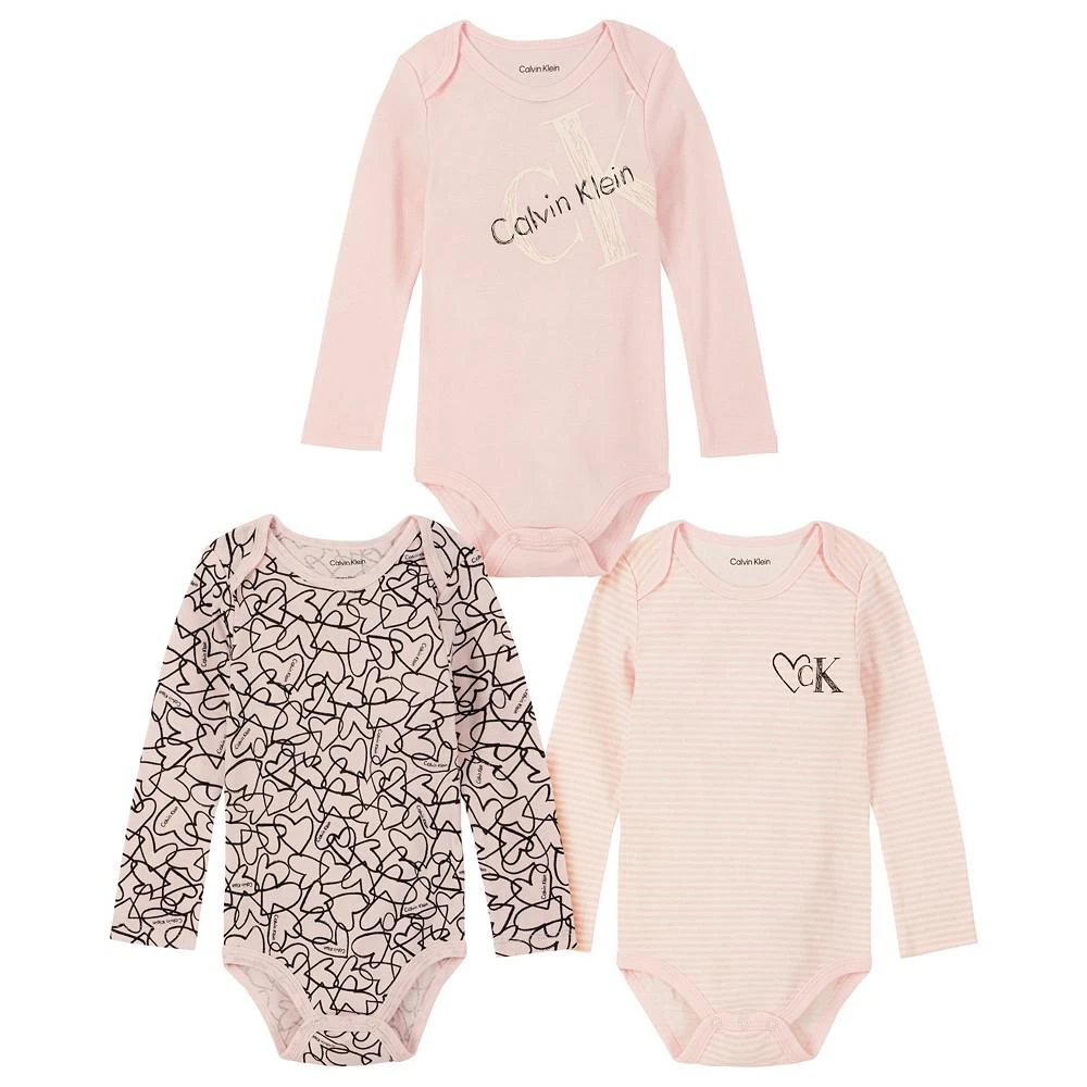 商品Calvin Klein|Baby Girls Logo, Print and Stripe Long Sleeve Bodysuits, Pack of 3,价格¥233,第1张图片