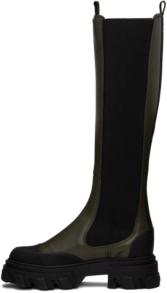 商品Ganni|Khaki & Black Cleated High Chelsea Boots,价格¥3125,第5张图片详细描述