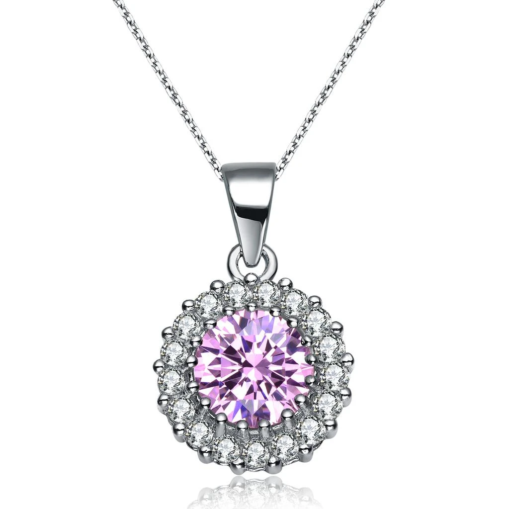 商品Genevive|White Gold Plated with Fancy Pink & White Diamond Cubic Zirconia Halo Cluster Pendant Necklace,价格¥482,第1张图片