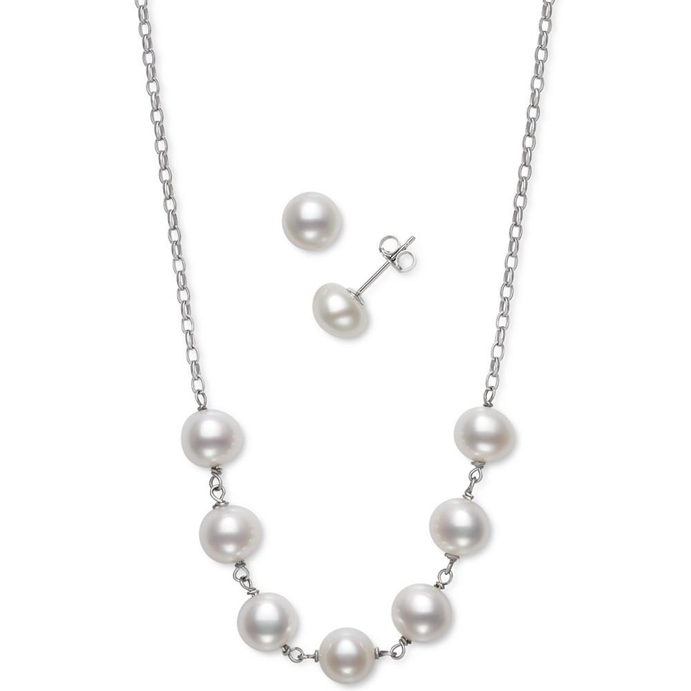 商品Belle de Mer|2-Pc. Set Black Cultured Freshwater Pearl (6-7mm) Collar Necklace &  Matching Stud Earrings in Sterling Silver (Also in White, Pink, & Gray Cultured Freshwater Pearl), Created for Macy's,价格¥725,第1张图片
