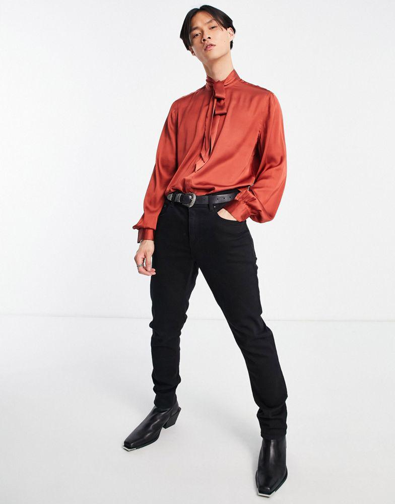 ASOS DESIGN satin shirt with tie neck and blouson volume sleeve in brick red商品第3张图片规格展示