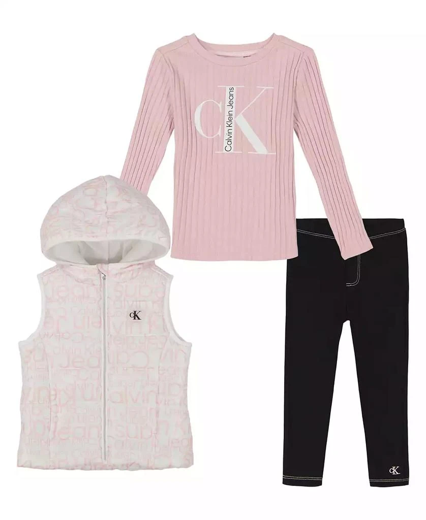 商品Calvin Klein|Toddler and Little Girls Logo-Print Puffer Vest, Long Sleeve Ribbed Logo Tee Jeggings, 3-Piece Set,价格¥268,第1张图片