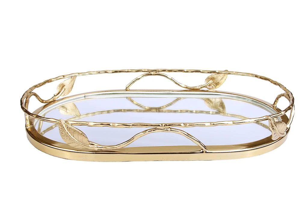 商品Classic Touch Decor|Oval Shaped Mirror Tray With Gold Leaf Design - 16"L X 10.75"W X 2"H,价格¥853,第1张图片
