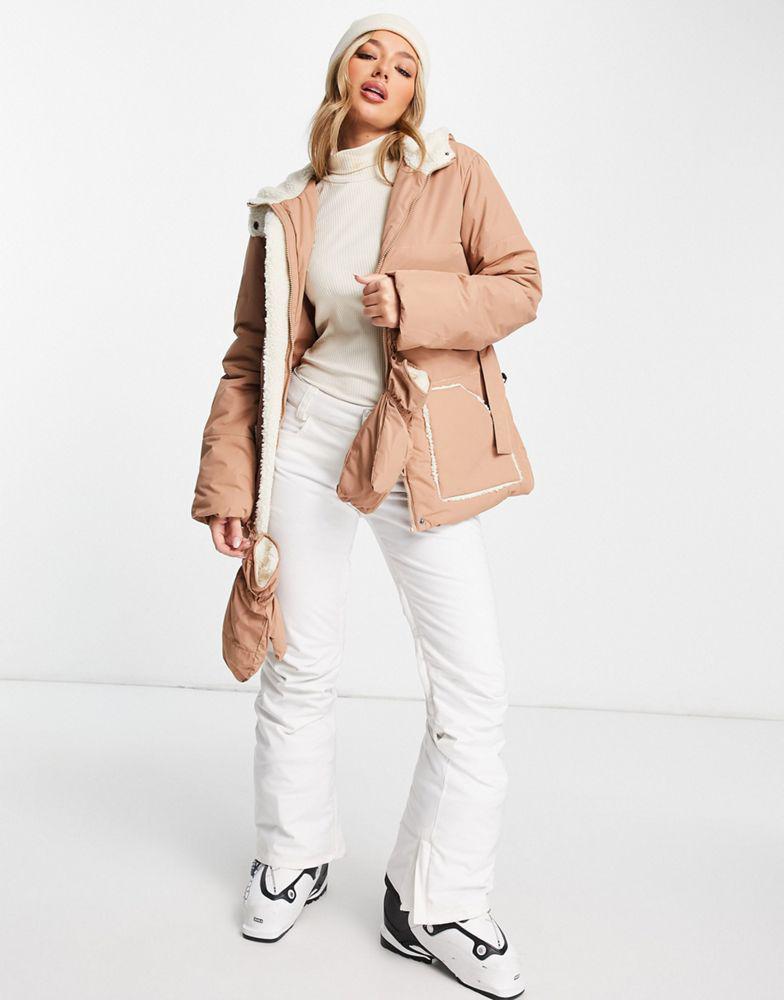 Missguided Ski borg lined puffer jacket with mittens in camel商品第1张图片规格展示