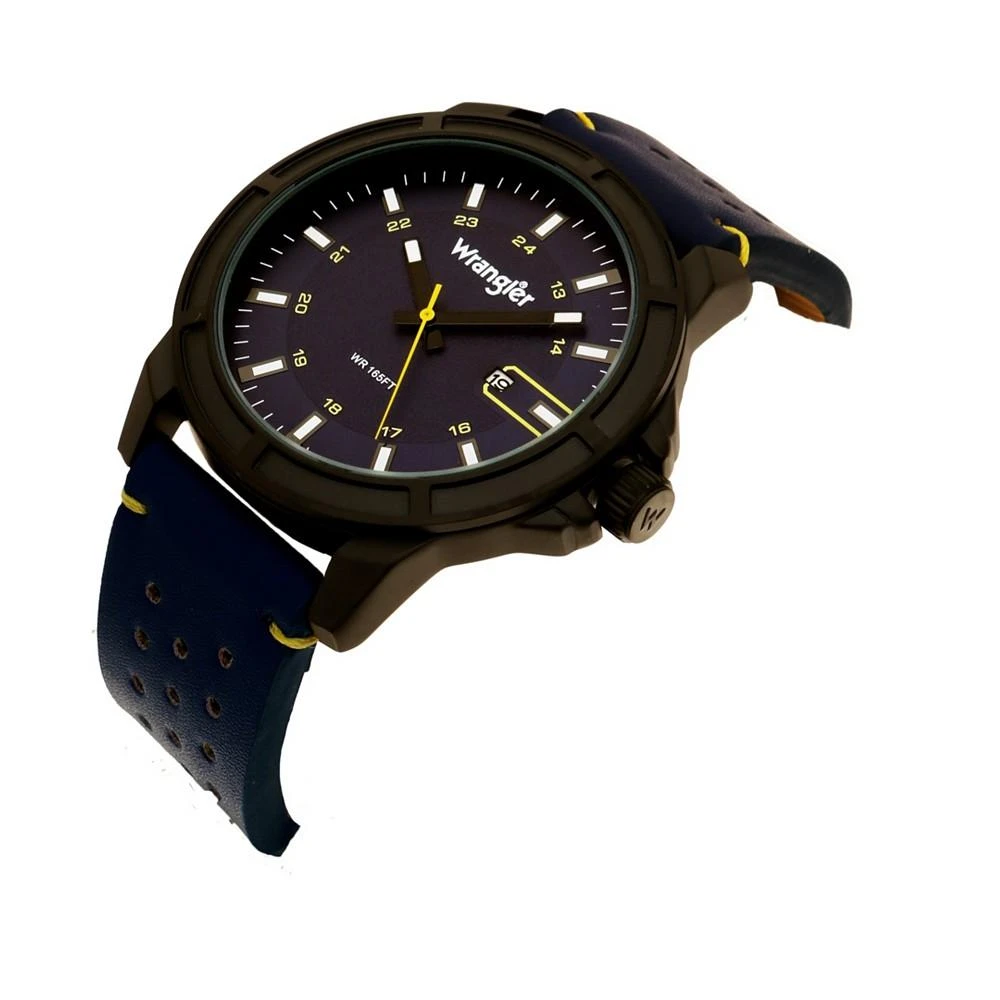 商品Wrangler|Men's, 48MM IP Black Case, Blue Dial, White Index Markers, Sand Satin Dial, Analog, Date Function, Yellow Second Hand, Blue Strap with Yellow Accent Stitch,价格¥452,第2张图片详细描述