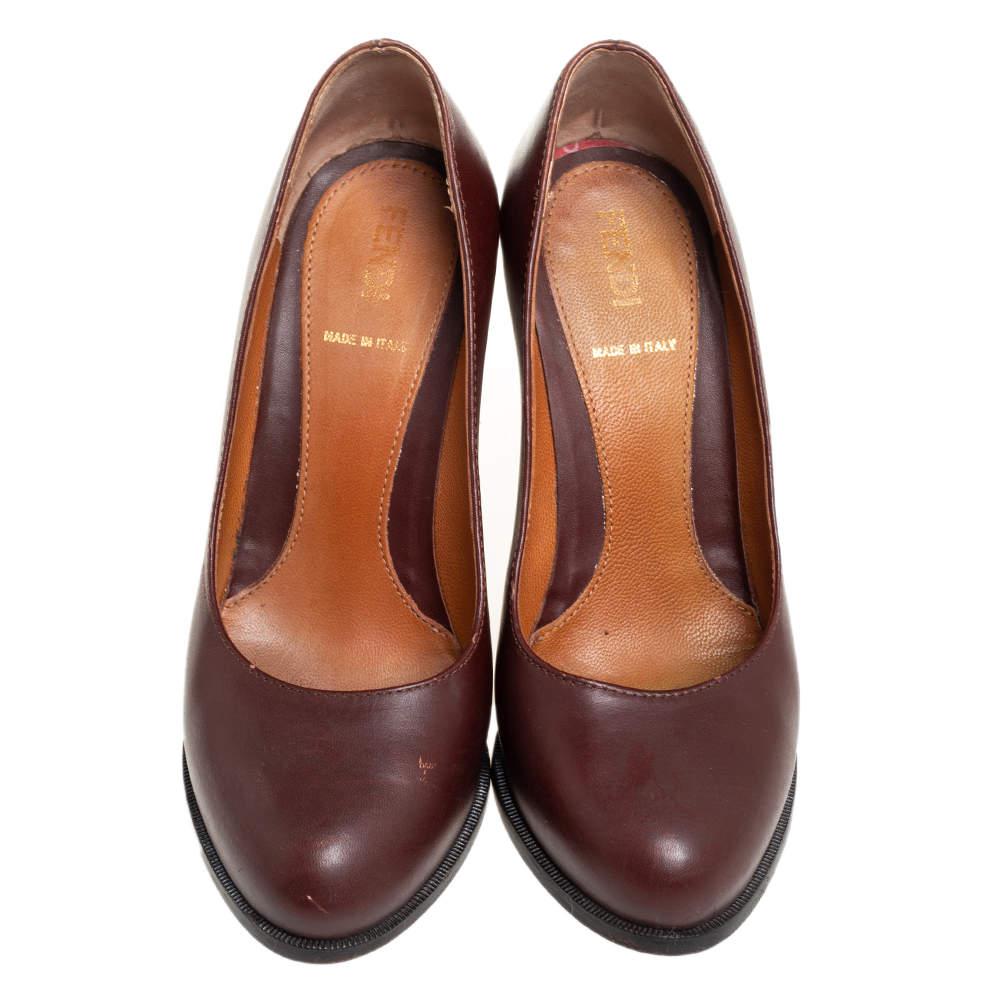 Fendi Burgundy Leather Pequin Block Heel Pumps Size 35商品第3张图片规格展示