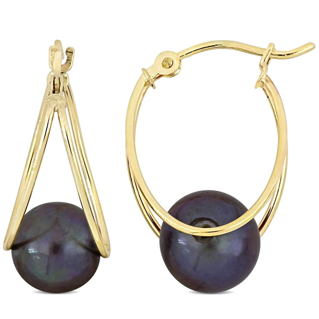 商品Mimi & Max|8-8.5mm Cultured Freshwater Black Pearl Drop Hoop Earrings in 10k Yellow Gold,价格¥592,第1张图片