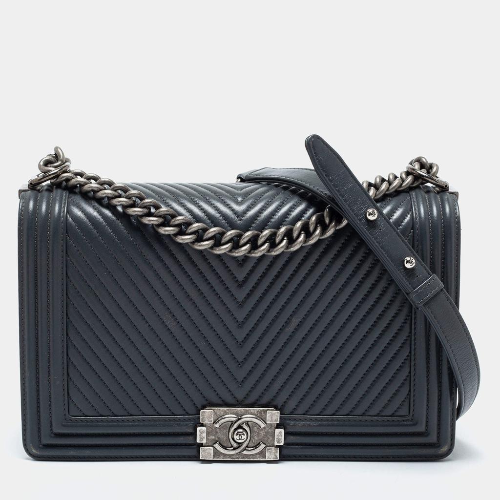 商品[二手商品] Chanel|Chanel Dark Grey Chevron Leather Large Boy Shoulder Bag,价格¥32315,第1张图片