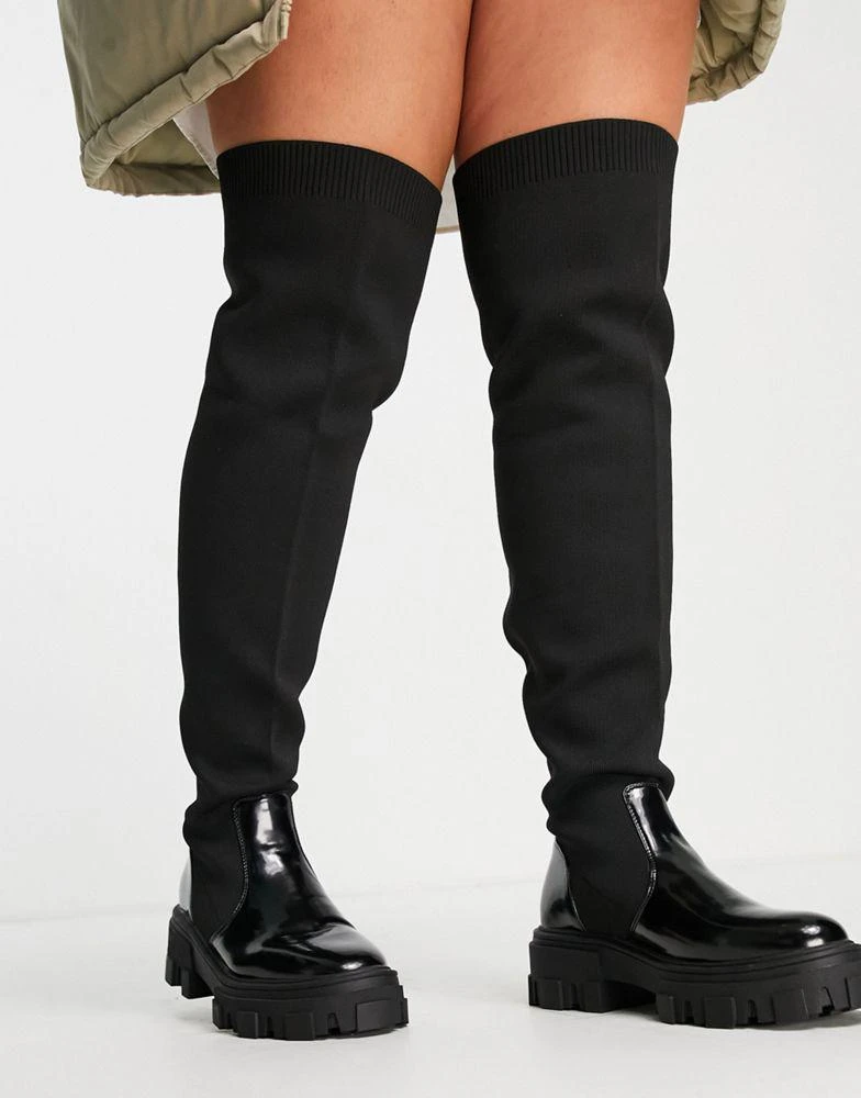 商品ASOS|ASOS DESIGN Curve Kimmy flat chunky over the knee boots in black,价格¥267,第3张图片详细描述