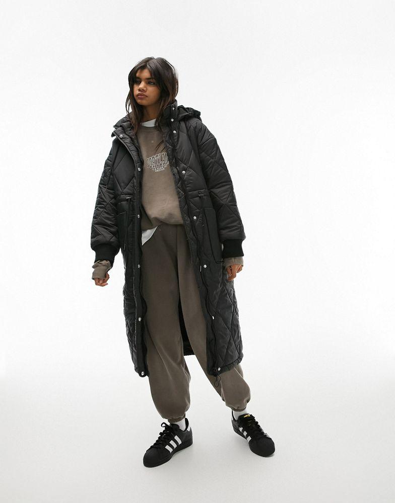 Topshop longline quilted hooded puffer jacket in black商品第3张图片规格展示