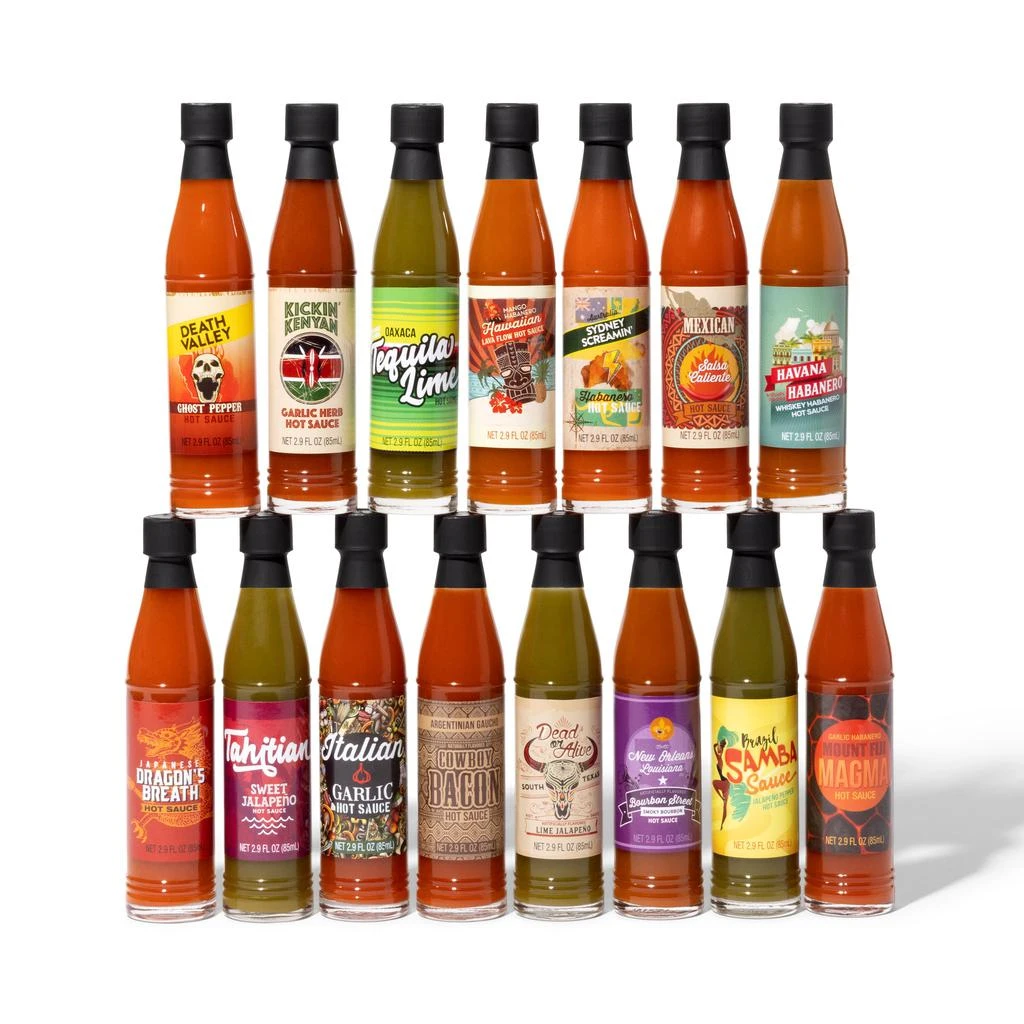 商品Thoughtfully|Gourmet, World Traveler Suitcase Hot Sauce Gift Set, Set of 15,价格¥402,第2张图片详细描述