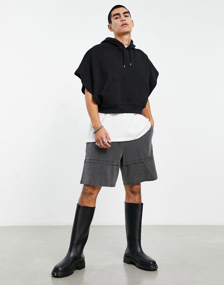 商品ASOS|ASOS DESIGN oversized cropped short sleeve hoodie in black with photographic back print,价格¥247,第5张图片详细描述