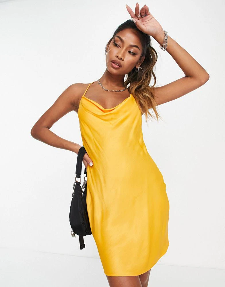 商品Bershka|Bershka ruched side cowl neck satin mini dress in yellow,价格¥156,第4张图片详细描述