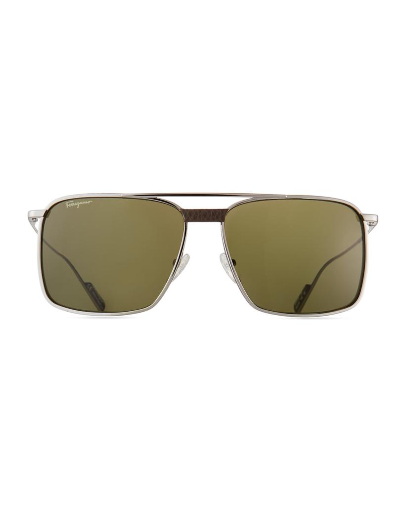 Men's Metal/Leather Square Aviator Sunglasses商品第2张图片规格展示