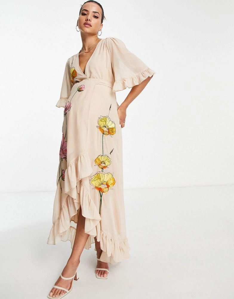 商品Hope & Ivy Maternity|Hope & Ivy Maternity embroidered wrap maxi dress in peach floral,价格¥517,第3张图片详细描述