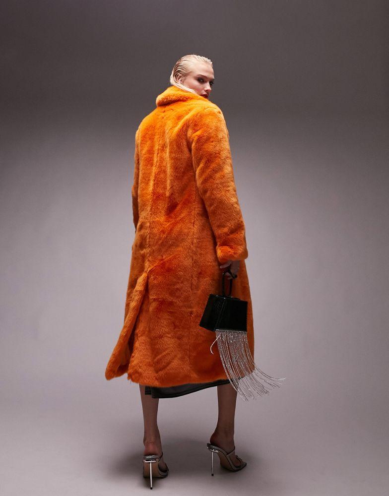 Topshop oversized long-line faux fur coat in bright orange商品第2张图片规格展示