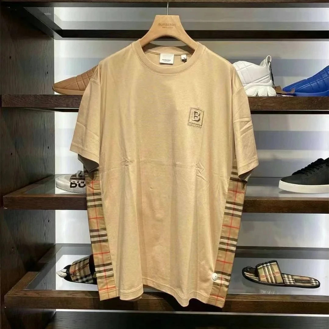 BURBERRY/博柏利 女士米褐色棉质侧边格纹设计B字刺绣T恤80670711 商品