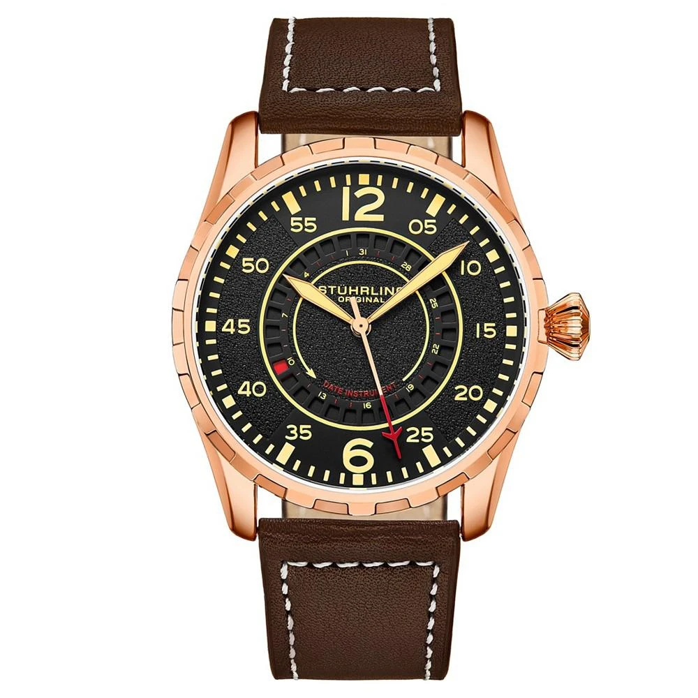 商品Stuhrling|Men's Quartz Brown Genuine Leather with Cream Contrast Stitching Strap Watch 44mm,价格¥711,第1张图片