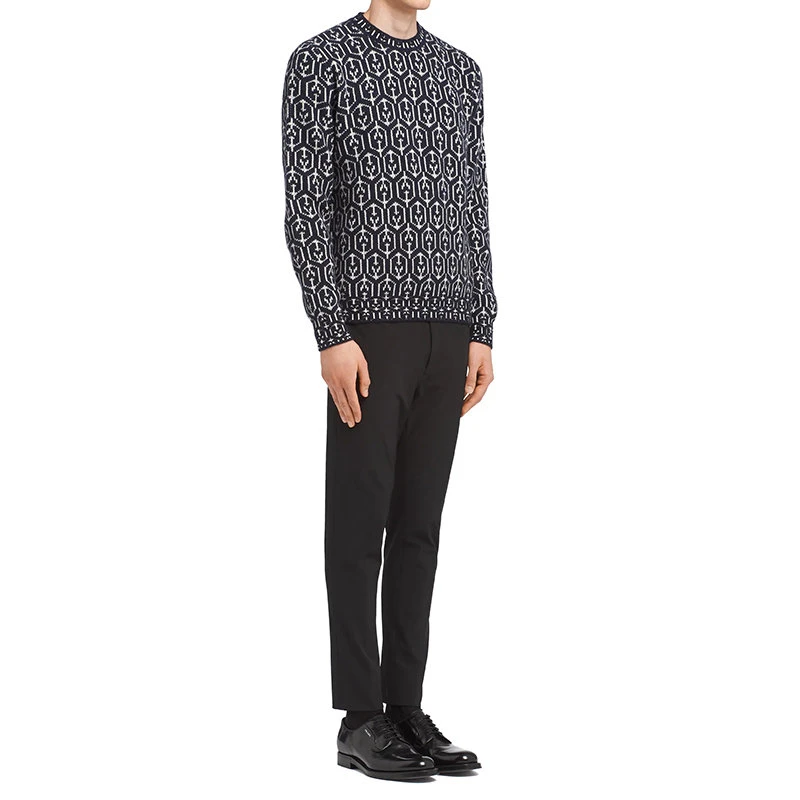 商品Prada|【预售3-7天】PRADA/普拉达 21年秋冬 男士海军蓝/白色羊毛和羊绒提花圆领毛衣UMB258_1ZJ0_F057L_S_212,价格¥11019,第5张图片详细描述