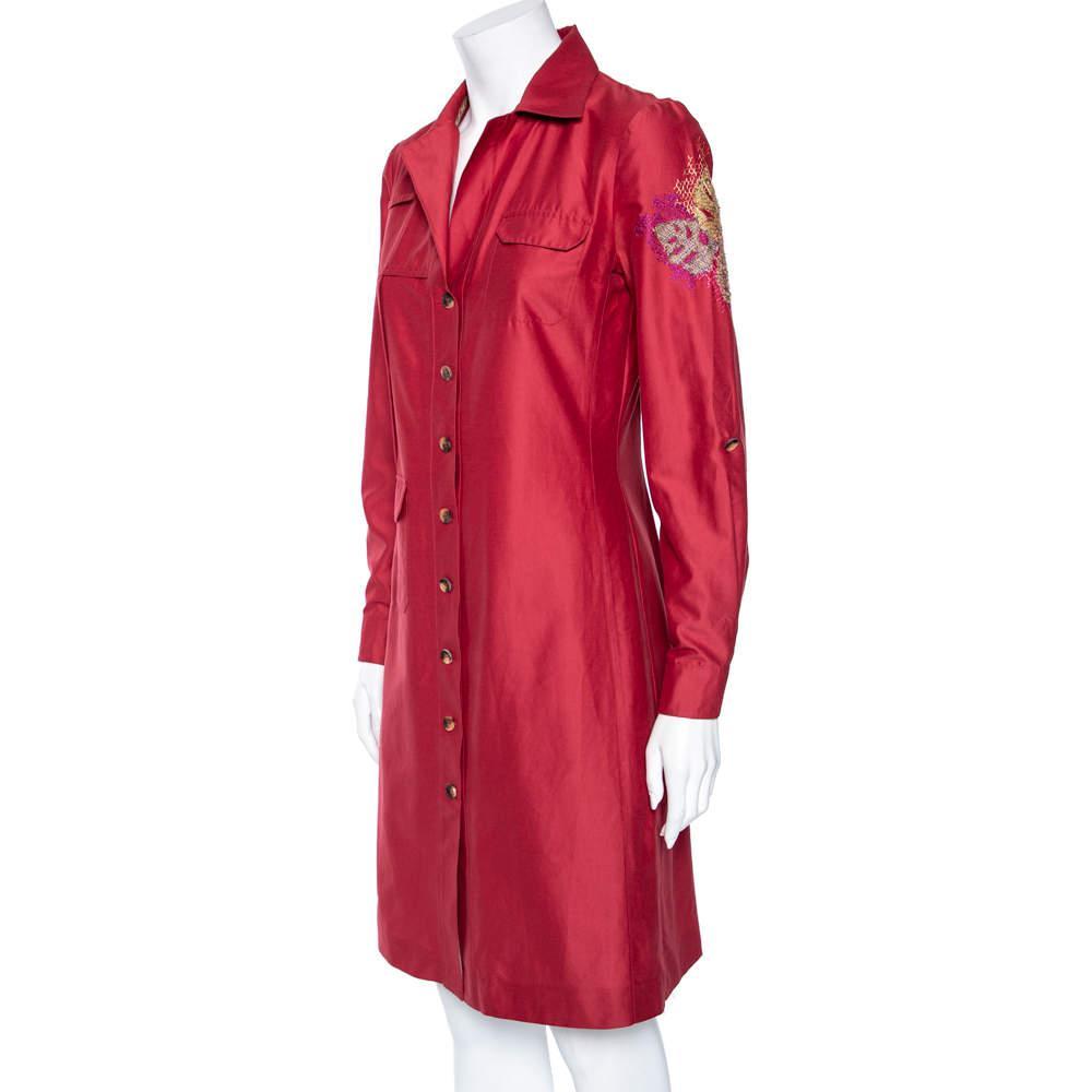 商品[二手商品] Kenzo|Kenzo Red Cotton Embroidered Sleeve Detail Short Shirt Dress M,价格¥768,第5张图片详细描述