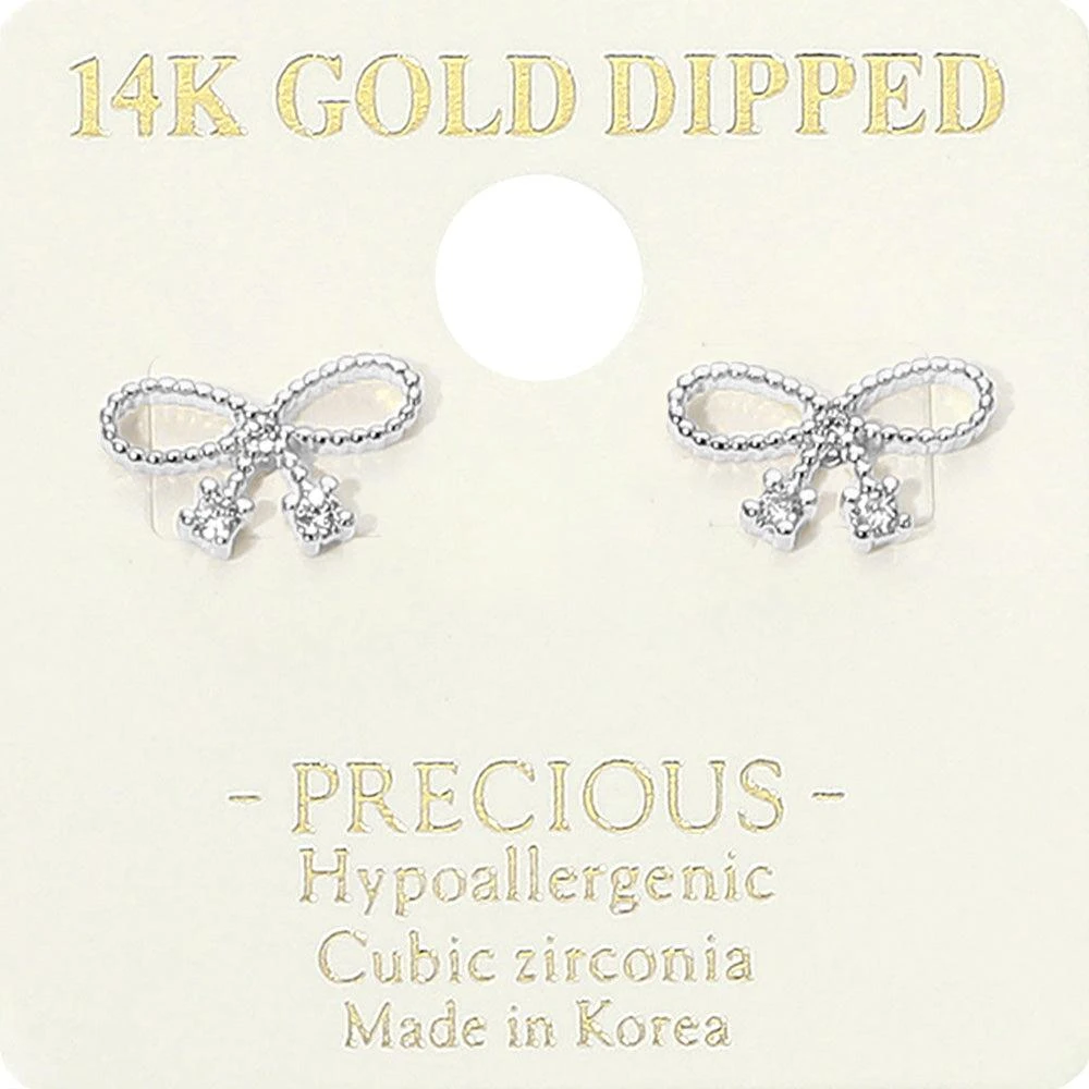 商品FASHNZFAB|14K Gold Dipped Hypoallergenic CZ Stone Accent Bow Stud Earrings - Rhodium,价格¥187,第1张图片