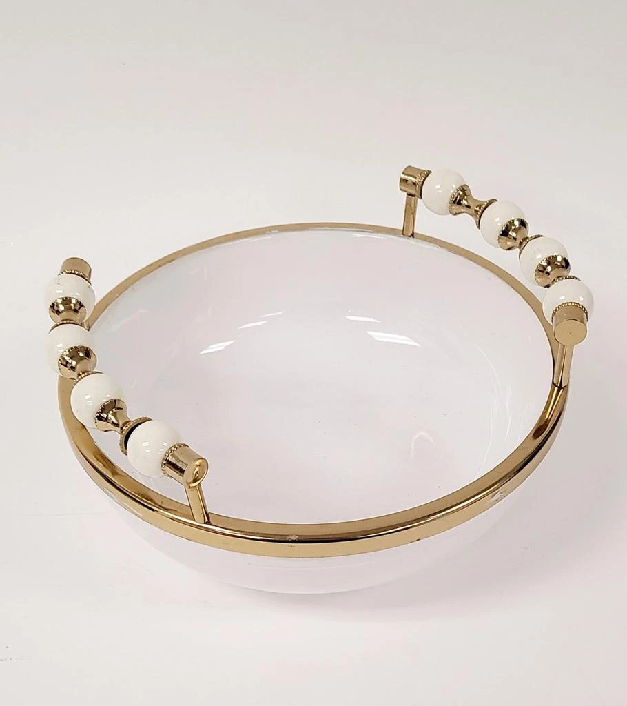 Classic Touch Decor White Round Bowl with Two Gold and White Beaded Design Handles 10"D 3