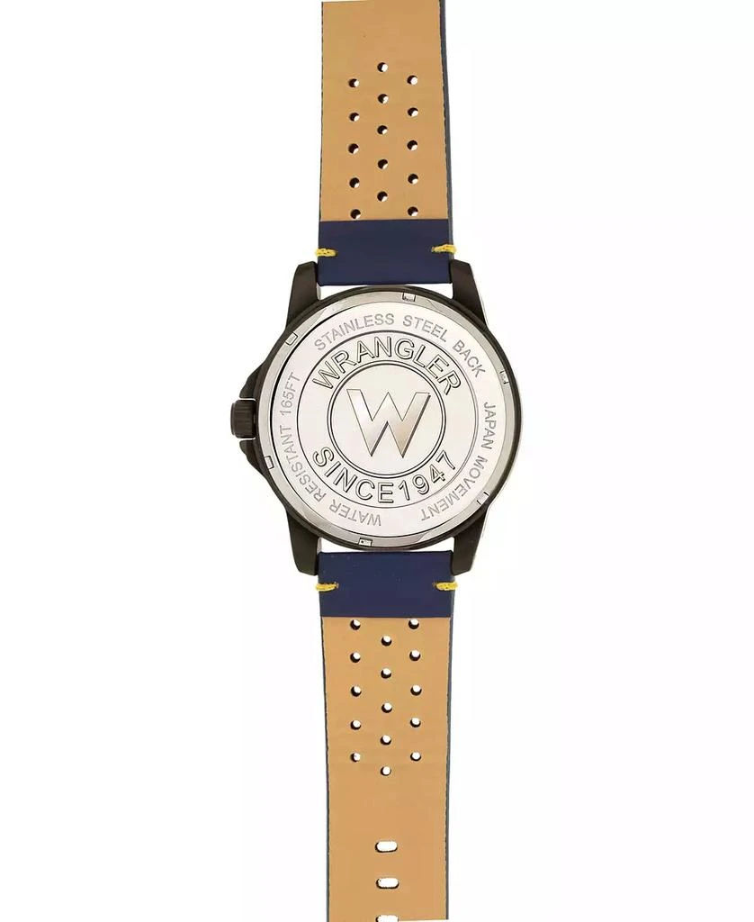 商品Wrangler|Men's, 48MM IP Black Case, Blue Dial, White Index Markers, Sand Satin Dial, Analog, Date Function, Yellow Second Hand, Blue Strap with Yellow Accent Stitch,价格¥463,第3张图片详细描述