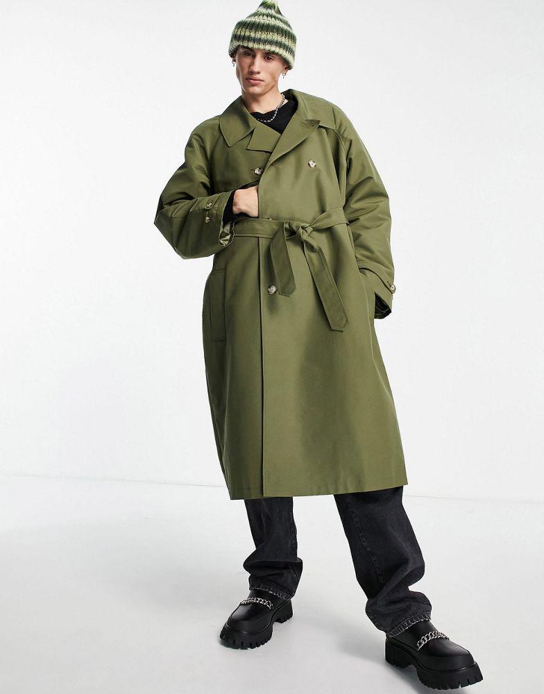 ASOS DESIGN oversized trench coat in khaki商品第4张图片规格展示