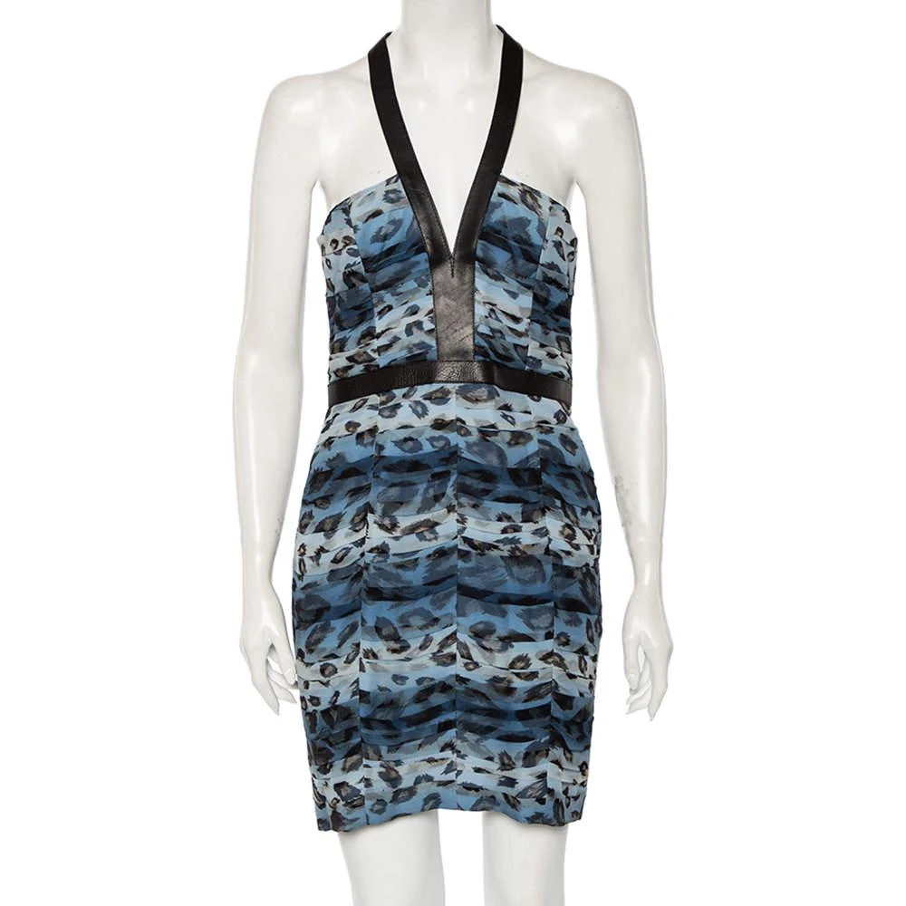 商品[二手商品] Burberry|Burberry Blue Printed Silk & Leather Trimmed Short Dress M,价格¥940,第1张图片