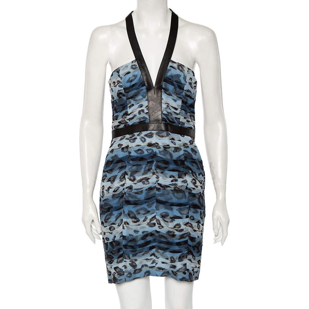 商品[二手商品] Burberry|Burberry Blue Printed Silk & Leather Trimmed Short Dress M,价格¥927,第1张图片