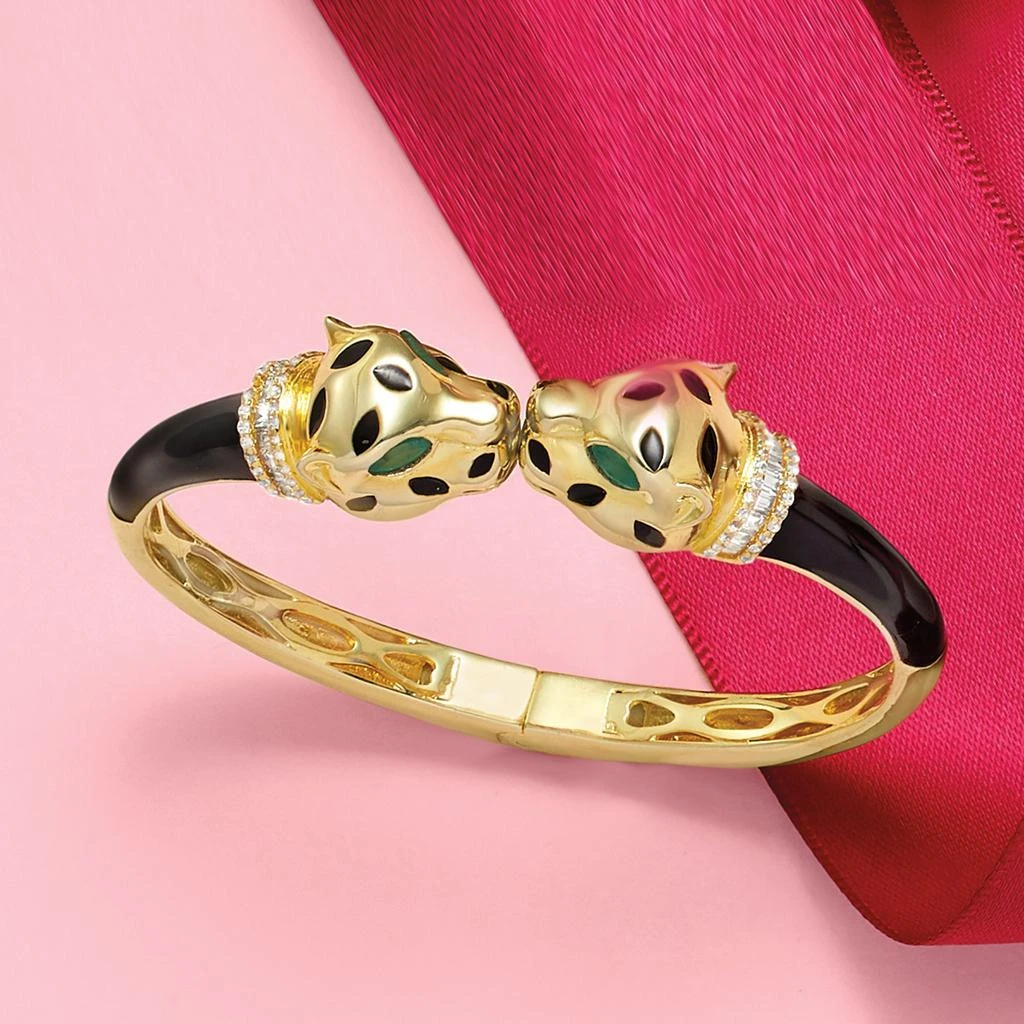 商品Ross-Simons|White Zircon and . Green Chrome Diopside Panther Bangle Bracelet in 18kt Gold Over Sterling With Black Enamel,价格¥2601,第4张图片详细描述