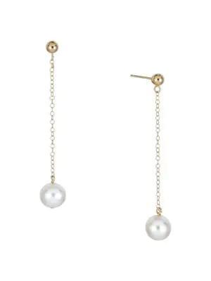 商品BELPEARL|14K Yellow Gold & 8MM Round Cultured Pearl Dangle Earrings,价格¥623,第1张图片