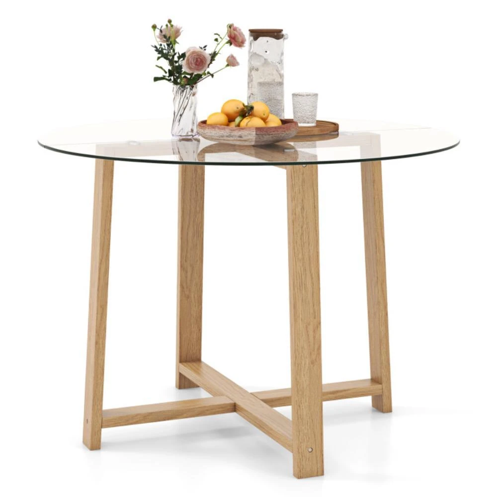 商品Hivvago|42 Inches Round Glass Dining Table with Tempered Glass Tabletop and Rubber Wood Legs-Natural,价格¥2088,第1张图片