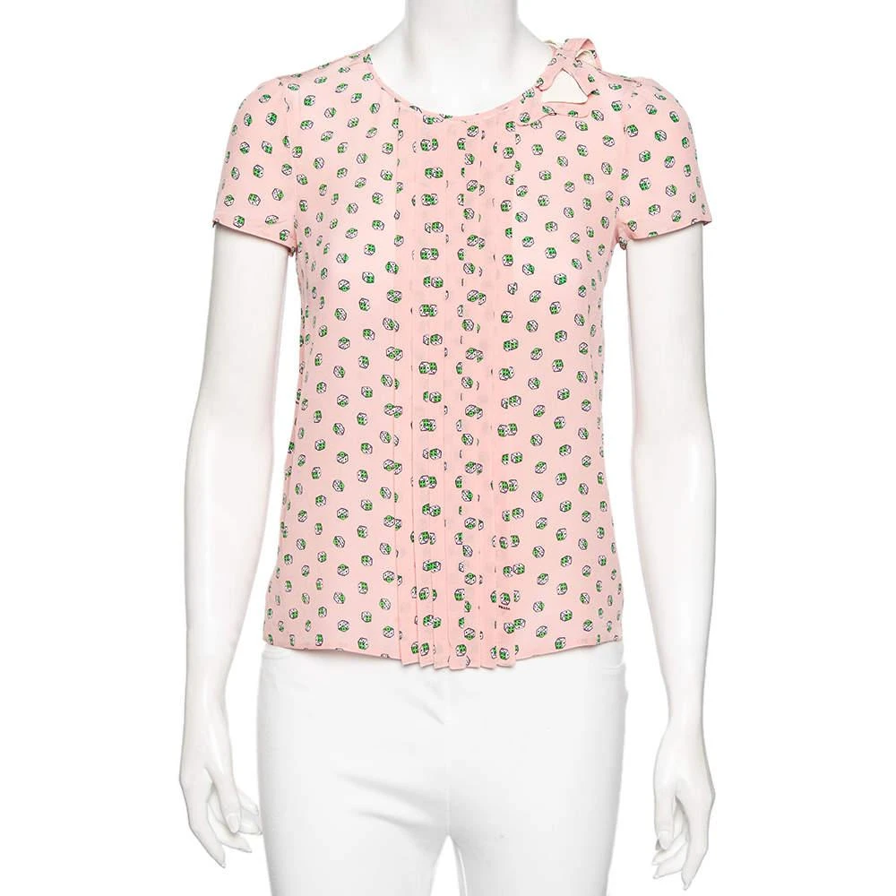 商品[二手商品] Prada|Prada Pink Dice Printed Silk Pleated Yolk Detail Short Sleeve Blouse S,价格¥801,第1张图片