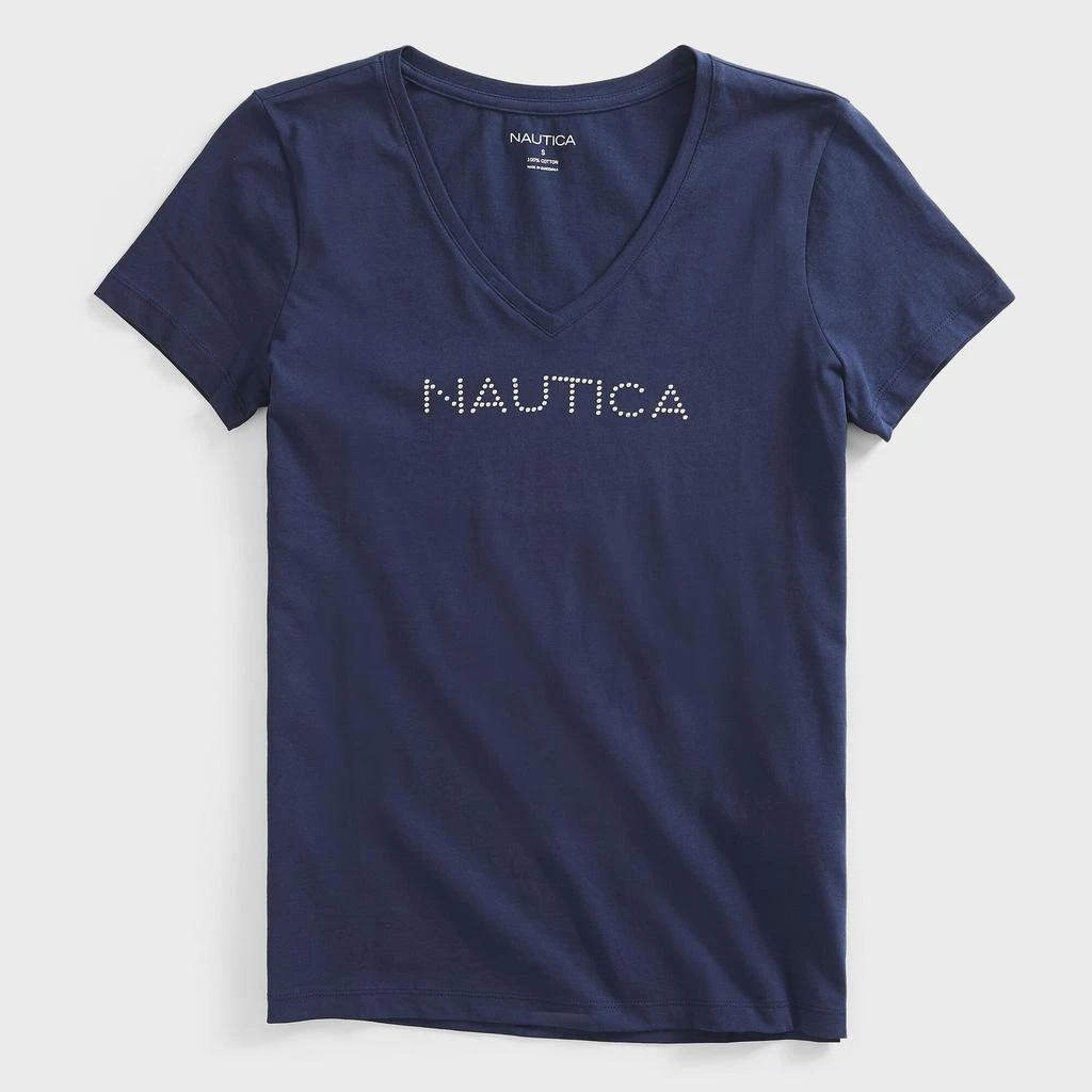 商品Nautica|Nautica Womens Studded Logo V-Neck T-Shirt,价格¥104,第1张图片