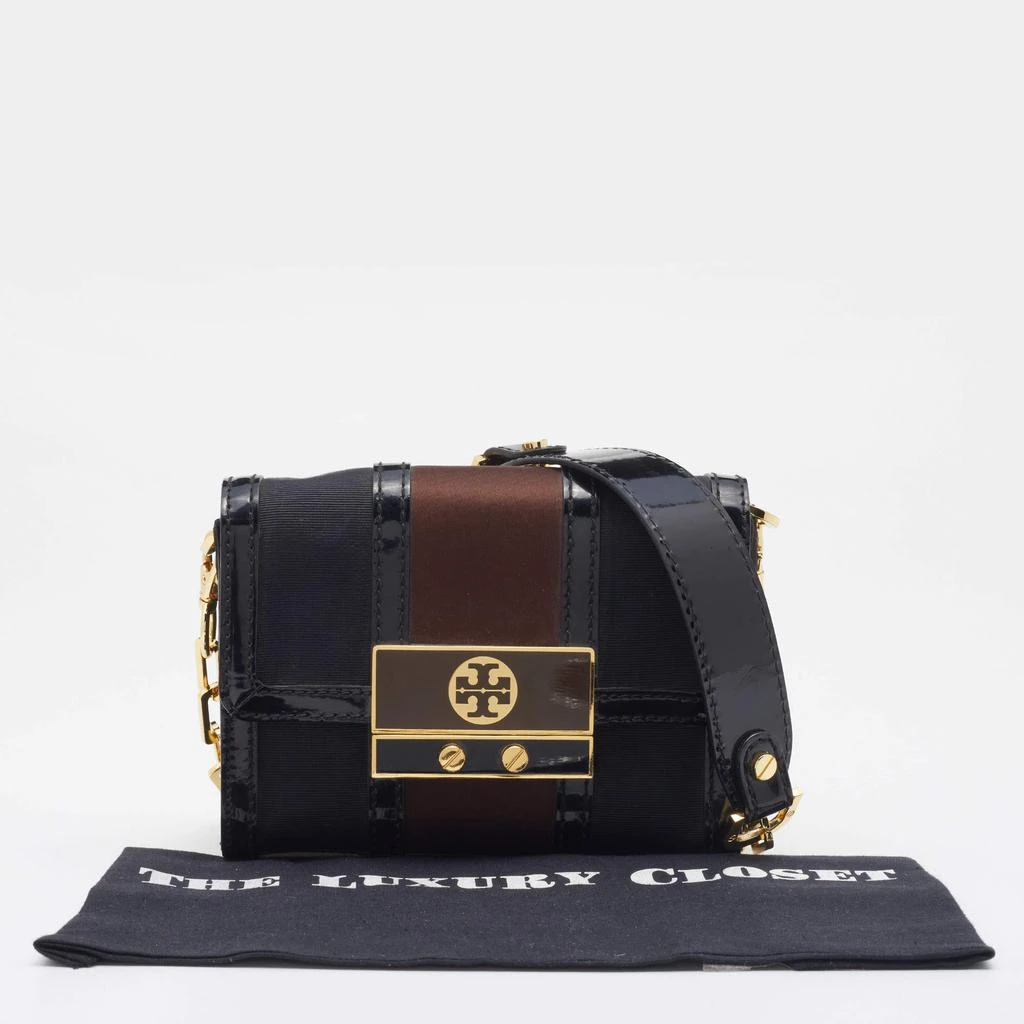 Tory Burch Black/Brown Canvas And Leather Chain Clutch 商品