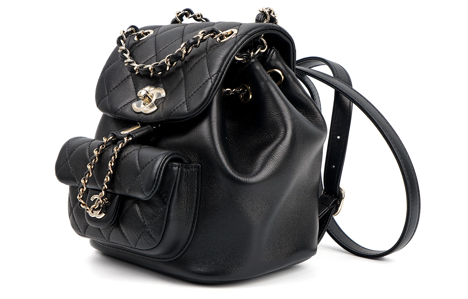 商品[国内直发] Chanel|香奈儿 Duma 金扣菱格纹翻盖 牛皮 背包双肩包 小号 女款 黑色,价格¥53313,第3张图片详细描述