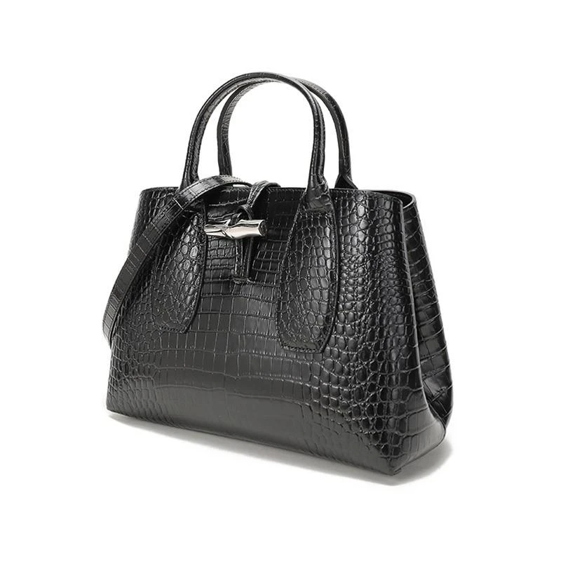 珑骧 LONGCHAMP 奢侈品 女士ROSEAU系列中号黑色小牛皮鳄鱼纹手提斜挎包 10058 HTS 001送女友礼物 商品