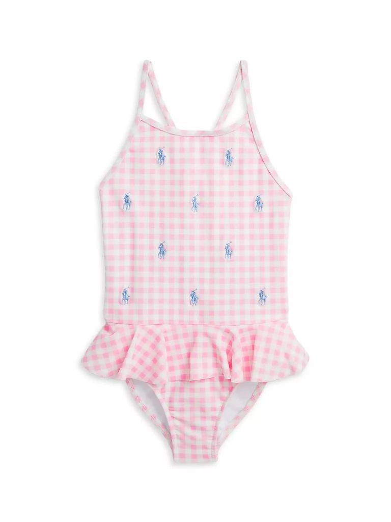 商品Ralph Lauren|Little Girl's Gingham Pony Ruffle-Trim One-Piece Swimsuit,价格¥358,第1张图片