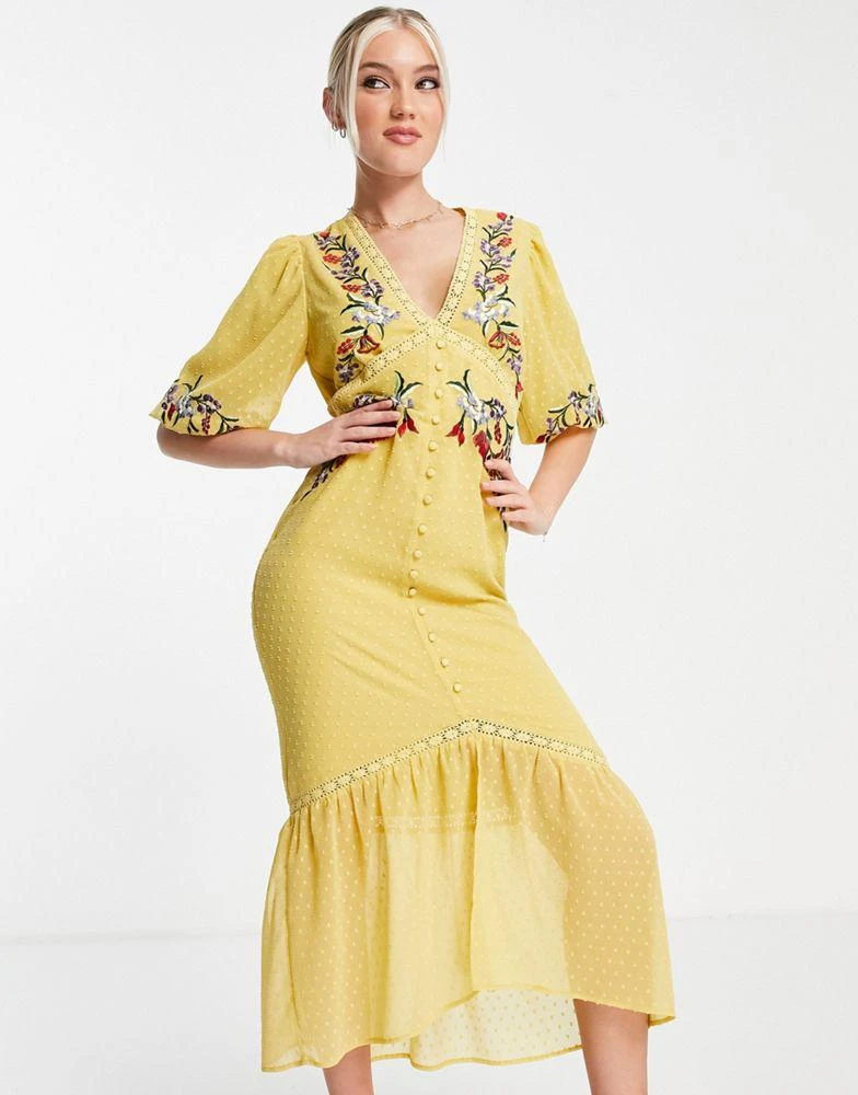商品Hope & Ivy|Hope & Ivy Juliana embroidered midi dress in yellow,价格¥824,第4张图片详细描述