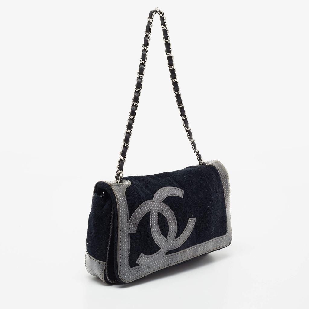 Chanel Black/Grey Corduroy And Patent Leather Cambon Shoulder Bag商品第3张图片规格展示