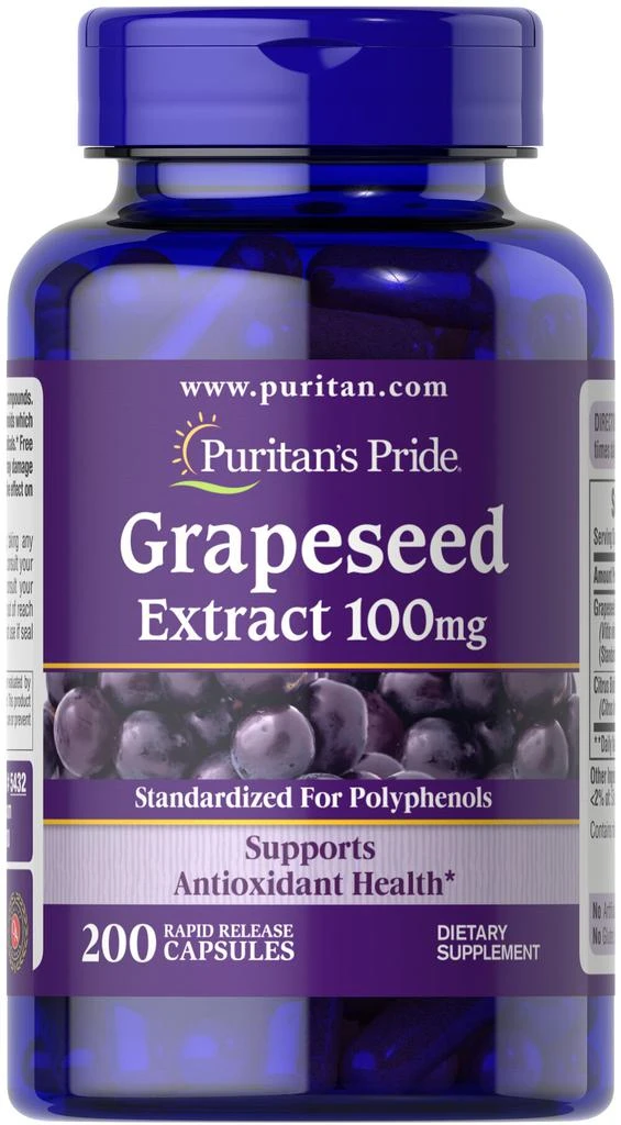 商品Puritan's Pride|葡萄籽精华胶囊 美白淡斑抗氧化 100 mg 200片/瓶,价格¥158-¥315,第1张图片