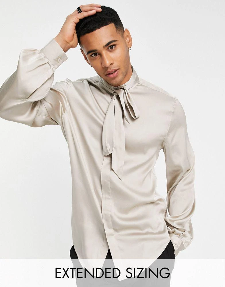 商品ASOS|ASOS DESIGN satin shirt with tie neck and blouson volume sleeve in champagne,价格¥200,第1张图片