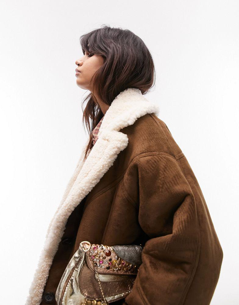 Topshop shearling car coat in chocolate商品第1张图片规格展示