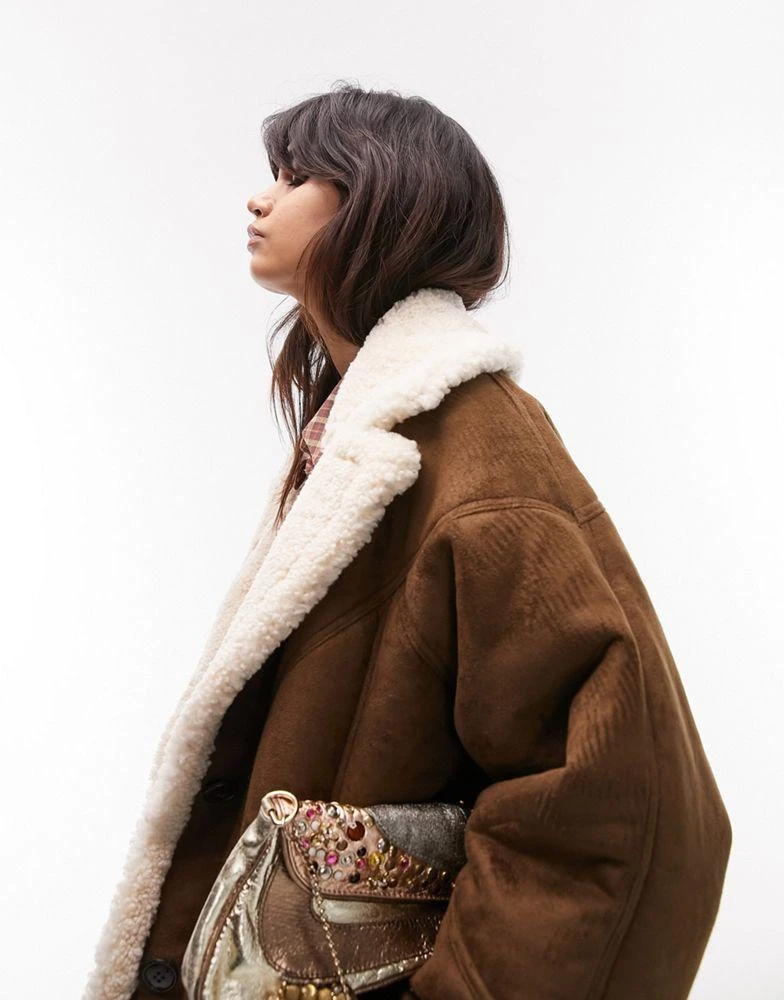 商品Topshop|Topshop shearling car coat in chocolate,价格¥790,第1张图片