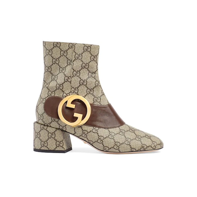 商品Gucci|GUCCI/古驰 女士卡其色帆布印花金属双GBlondie靴5.5cm,价格¥1997,第1张图片