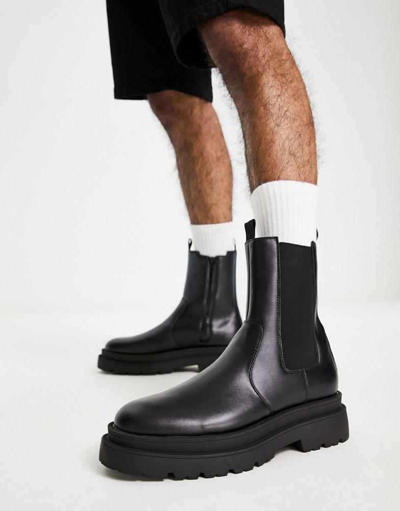 商品ASOS|ASOS DESIGN chunky chelsea calf boots in black faux leather,价格¥427,第4张图片详细描述