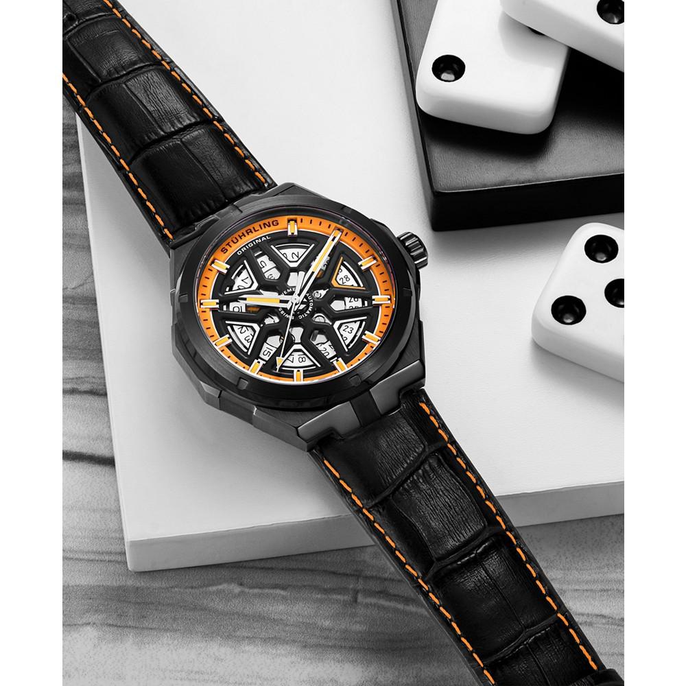 Men's Automatic Orange Alligator Embossed Genuine Leather Strap with Black Stitching Watch 44mm商品第7张图片规格展示
