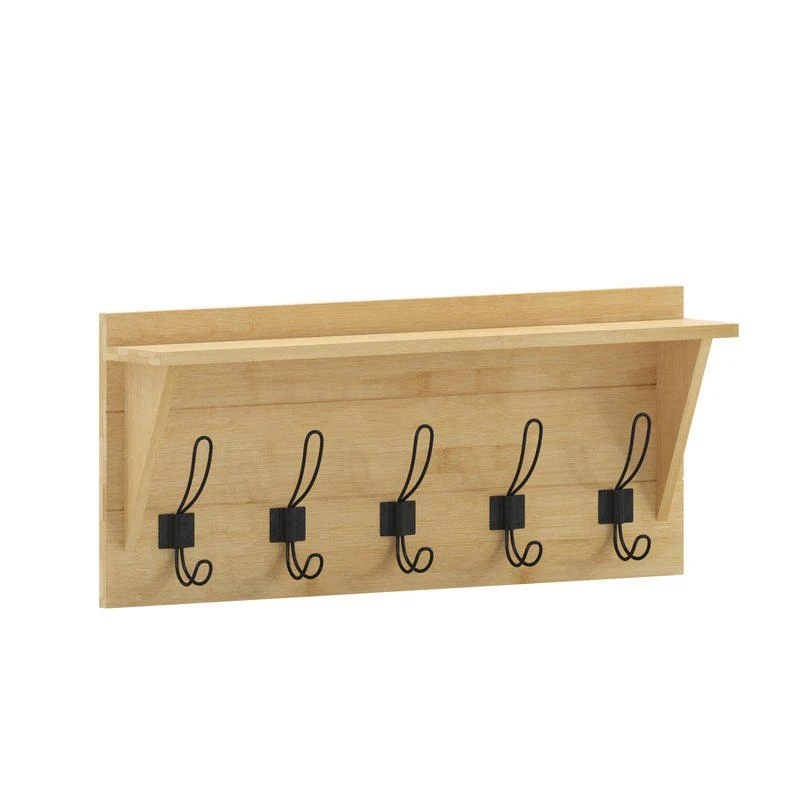 商品Merrick Lane|Enid 24 Inch Wall Mount Rustic Brown Pine Wood Storage Rack with 5 Hooks, Entryway, Kitchen, Bathroom,价格¥377,第2张图片详细描述