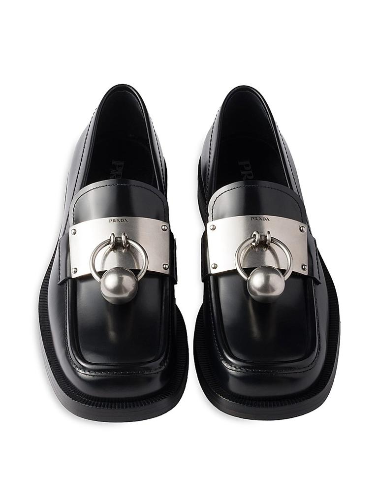 NWT PRADA Men’s Brushed Leather Loafers with Metal Ring Piercing Size 9 Black Brushed leather loafers with metal ring | PRADA main image 2
